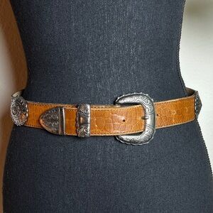 Women’s Western Silver Antique Tone Concho Reptile Embossed Brown Belt 30